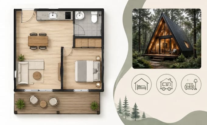 create ainbnb cabin floor plan, tiny house, small house layout design