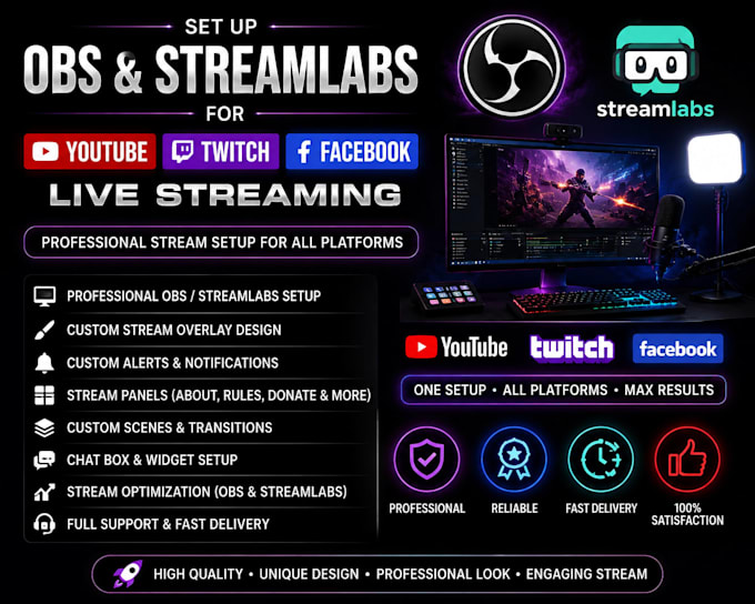 set up obs and streamlabs for youtube, twitch and facebook live streaming