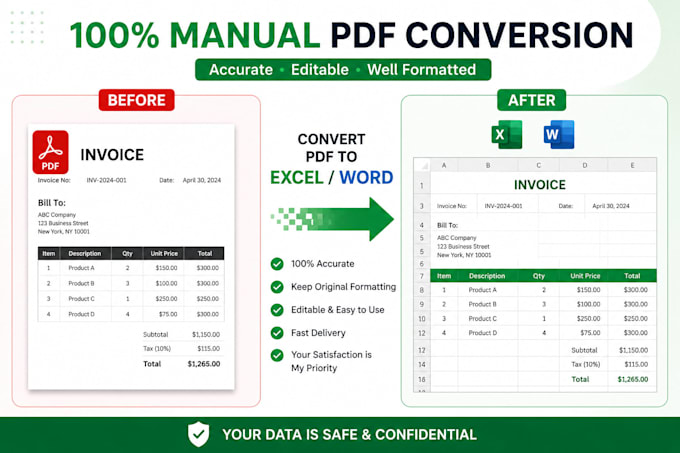 convert PDF to excel and word manually with 100 accuracy