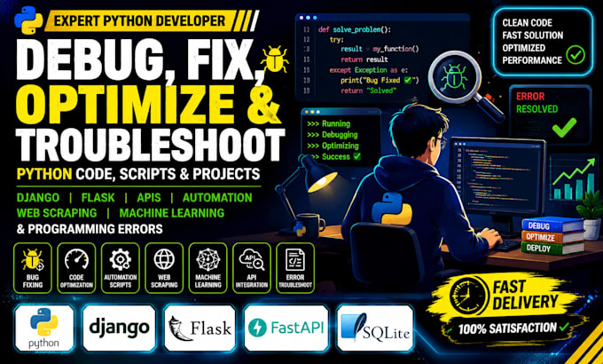 debug, fix, optimize, and troubleshoot python code,  scripts, django, flask, API