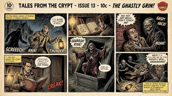 create vintage horror illustration with comic art style