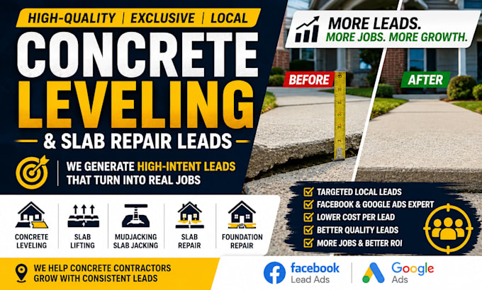 generate concrete leveling, slab repair, mudjacking and slab lifting leads