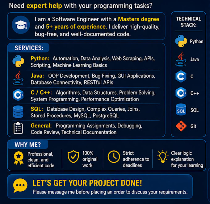 be your expert programming database python java and sql assignment developer