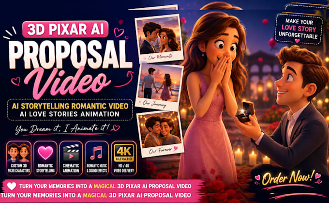 create 3d pixar ai proposal video 3d romantic storytelling 3d ai proposal video