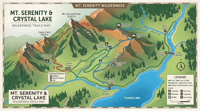 design custom ranch visitor map for trail hiking navigation and topographic maps