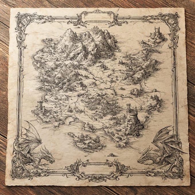 draw a detailed hand drawn fantasy map