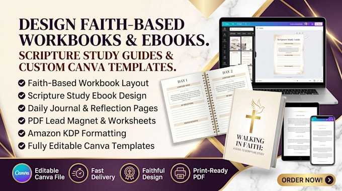 design faith based workbook, scripture study ebook, custom ebook using canva