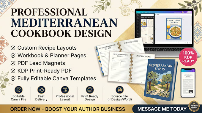 create mediterranean cookbook design, recipe organizer notebook, kdp formatting