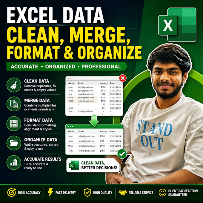 clean, merge, format data professionally