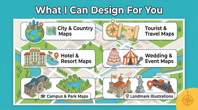design custom illustrated travel maps, city maps and landmark maps
