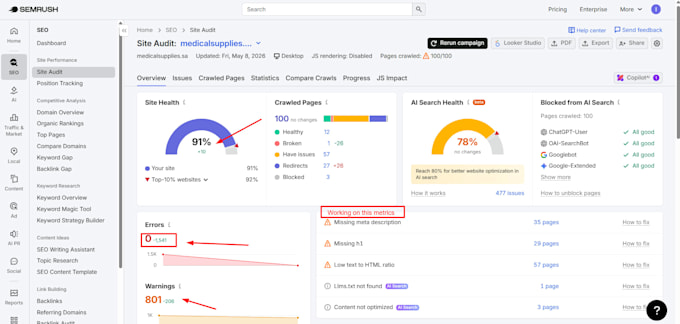 fix technical SEO errors, on page and boost your website health score above 90