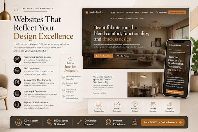 create interior designer website, responsive, professional, SEO optimized