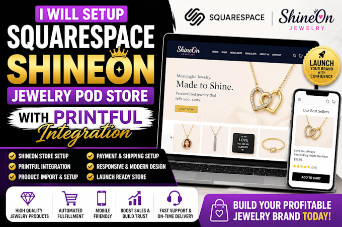 setup design squarespace shineon jewelry pod store with printful integration