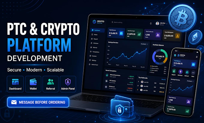 develop PTC website, crypto website and referral platform
