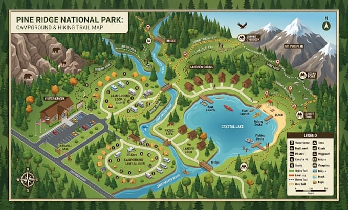 design custom hiking map trail map park map campground outdoor map illustration