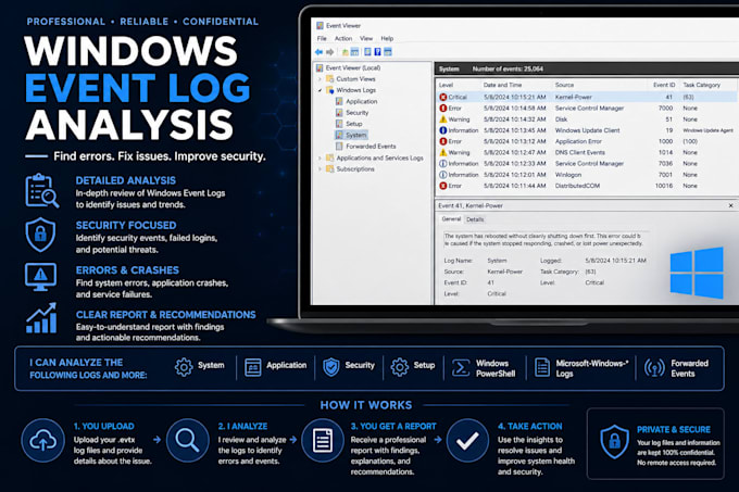 analyze windows event viewer logs for errors and or security issues