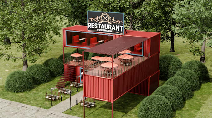 develop cgi container restaurant, pop up food court, cafe design, modular lounge