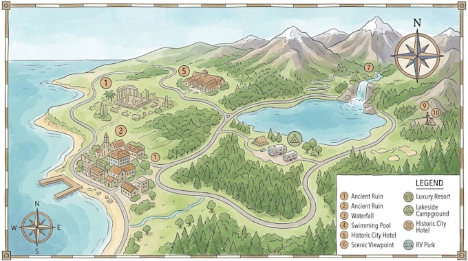 design resort map, campground map, hotel map, rv park map, and tourist map