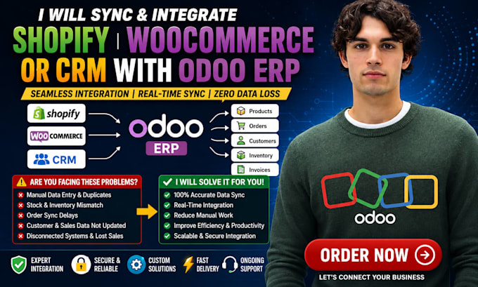 sync integrate shopify woocommerce or crm with odoo erp