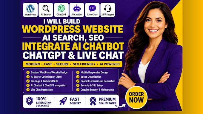 build wordpress website, ai search, SEO, integrate ai chatbot chatgpt, live chat