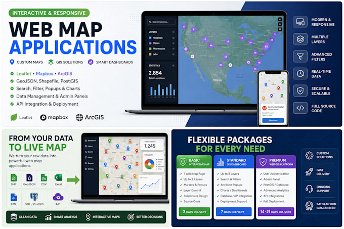develop a custom gis web application with leaflet mapbox or arcgis