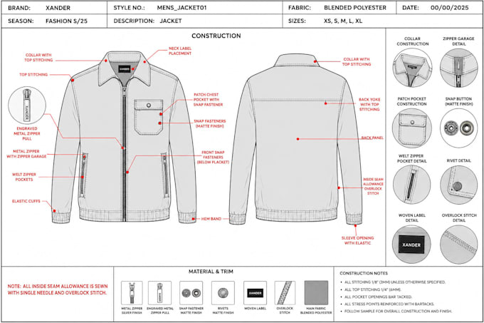 create a professional clothing tech pack for manufacturers