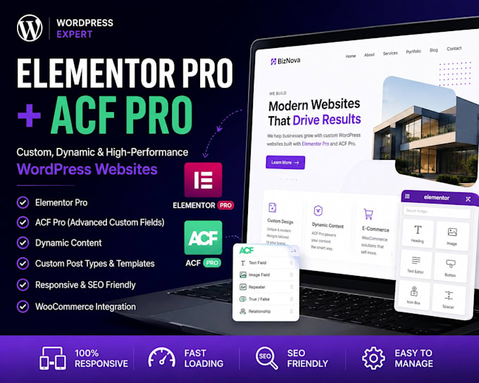 develop a custom wordpress website with elementor pro and acf pro