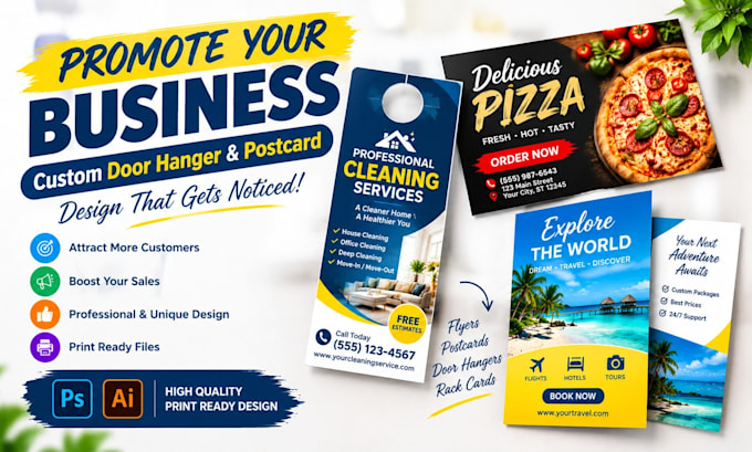 design print ready flyers, postcards, door hangers and rack cards