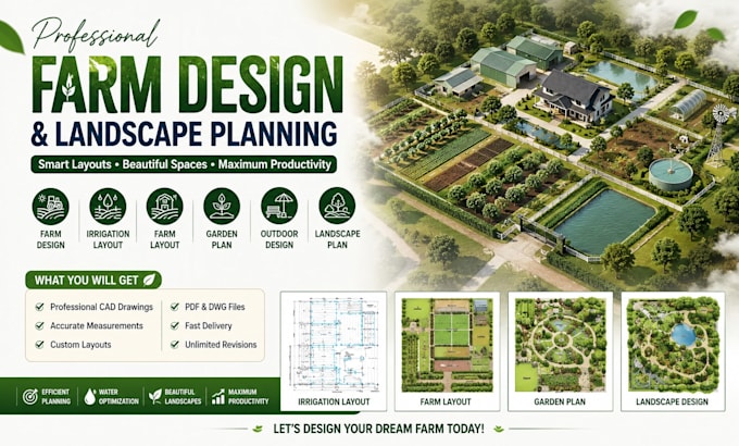 create a farm design, irrigation system, garden plan, and landscape