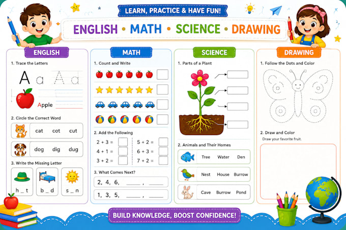 create printable english, math and science worksheets