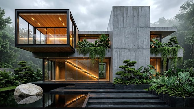 reconstruct biophilic villa exterior,basement layout to 3d render,revit interior