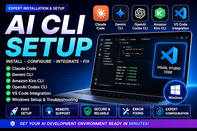 install and setup openai, claude code, gemini cli, amazon kiro cli and vs code