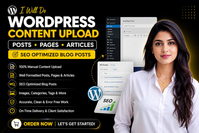 do wordpress content upload posts, pages, articles, SEO optimized blog posts