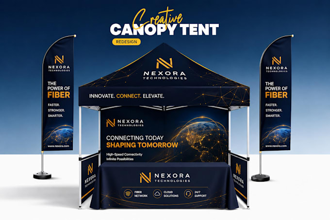 design canopy tent, feather flag, and table cover