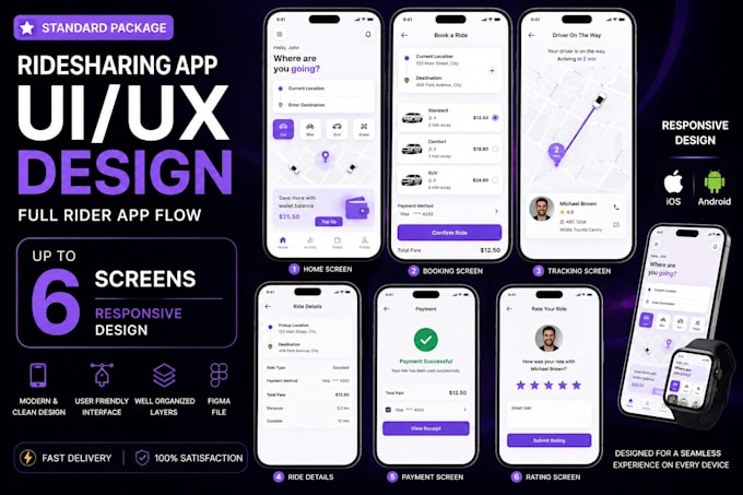 do modern UI UX for ridesharing app with custom features