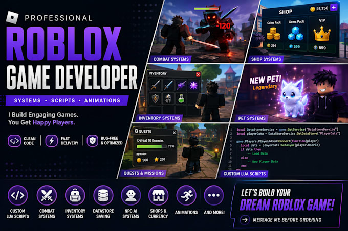develop roblox game systems, scripts and animations roblox game developer