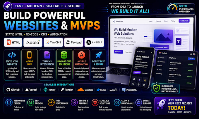 build static HTML website, adalo mvp, tinacms, payload cms, ansible