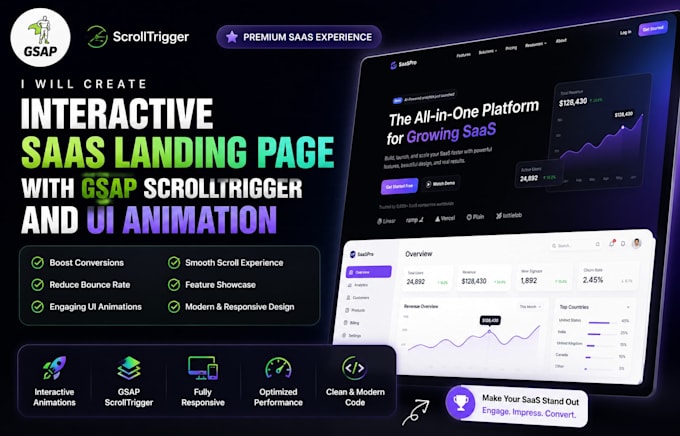 create interactive saas landing page with gsap scrolltrigger and UI animations