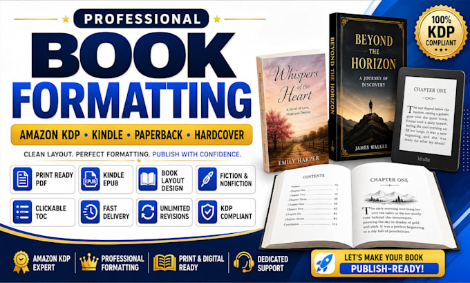 professionally format your book for amazon KDP, kindle, paperback and print