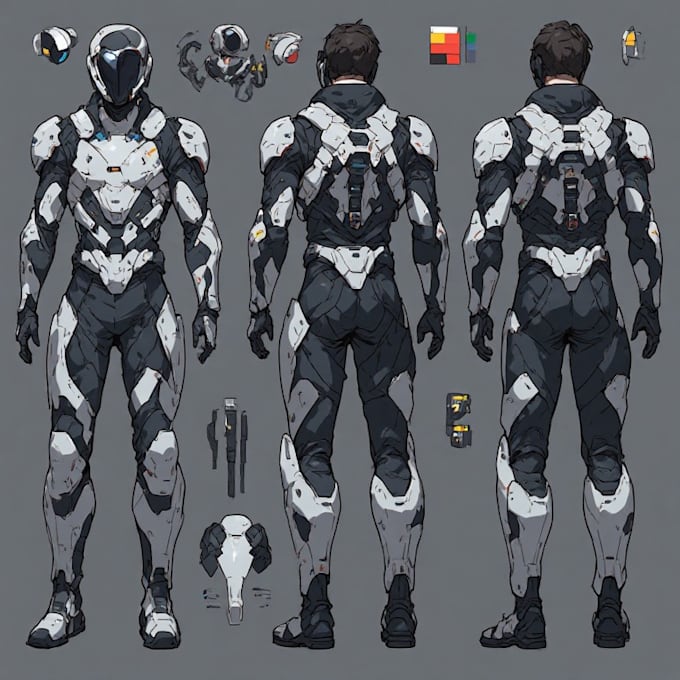 draw a detailed character turnaround with multiple views