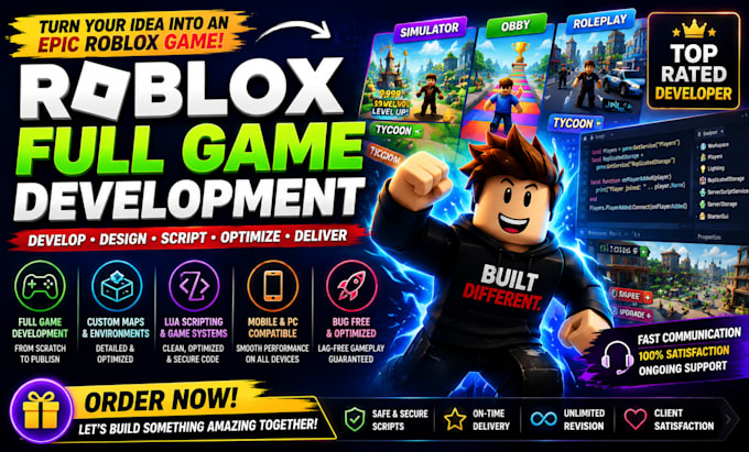 develop roblox full game, roblox map, lua scripting and roblox developer