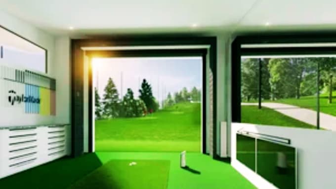 design 3d realistic golf VR course, golf simulator environment, gaming center