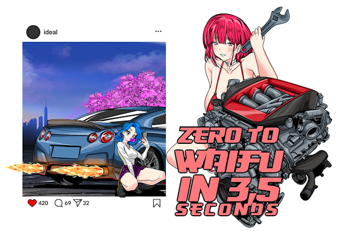 draw anime girl and car poster