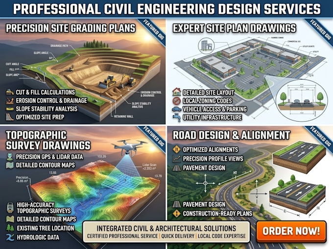 do site grading, site plan, topographic survey drawings, road design alignment