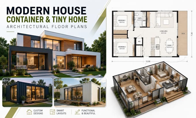 design modern house, container home and tiny home architectural floor plans
