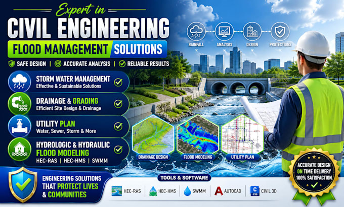 do civil engineering drainage, grading plan drawing, flood hydrology, hydraulics