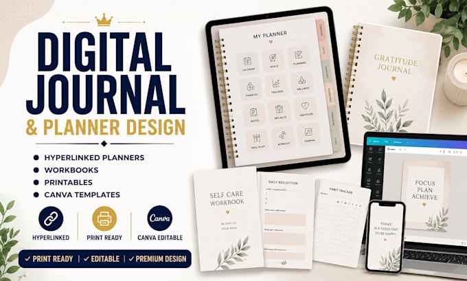 redesign design digital journal hyperlink planner  printable journal workbook