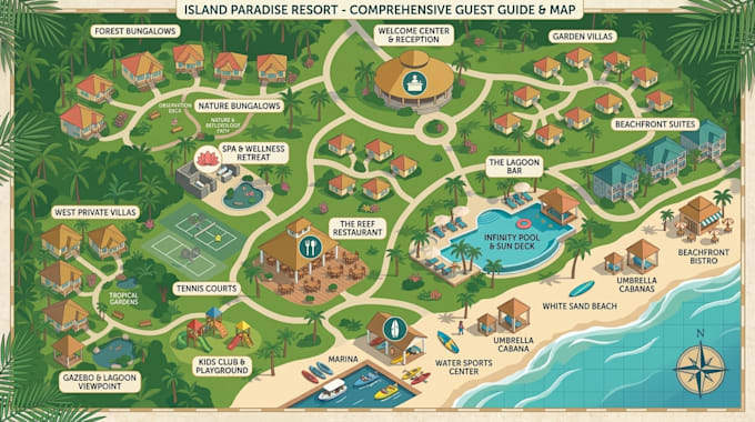 design vector tourist map, city guide map, travel map, resort and attraction map
