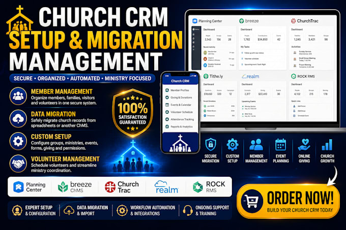 migrate and setup planning center, breeze chms, churchtrac and rock rms tithely