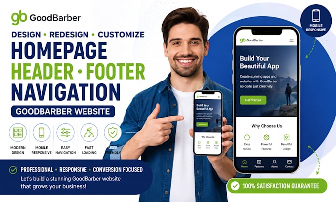 design redesign customize homepage footer header navigation goodbarber website
